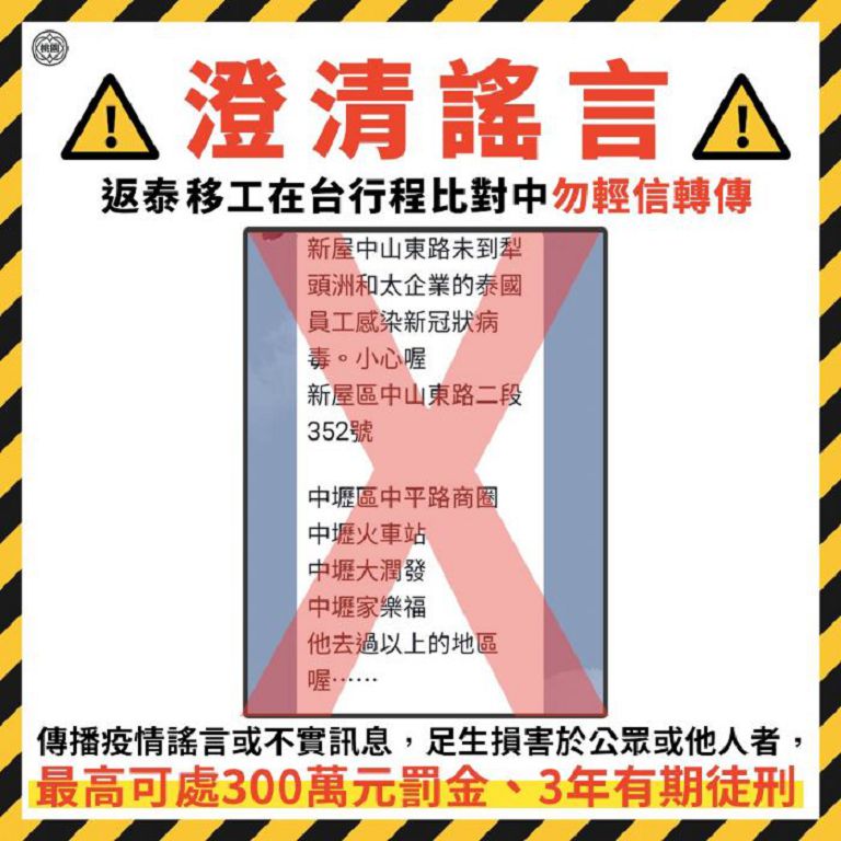 網傳泰籍移工染疫足跡為未證實資訊，切勿散布觸法