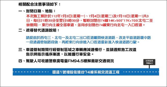 臺74線崇德-北屯東往潭子封這三天　中五警分局籲改道