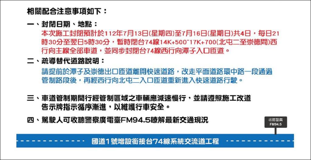 臺74線崇德-北屯往西屯向連封四天中警籲改道