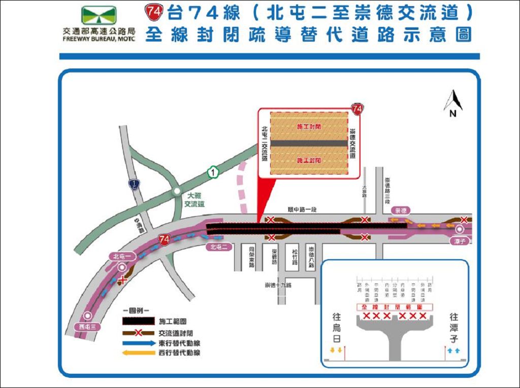 臺74線崇德-北屯今夜雙向封閉警籲改道