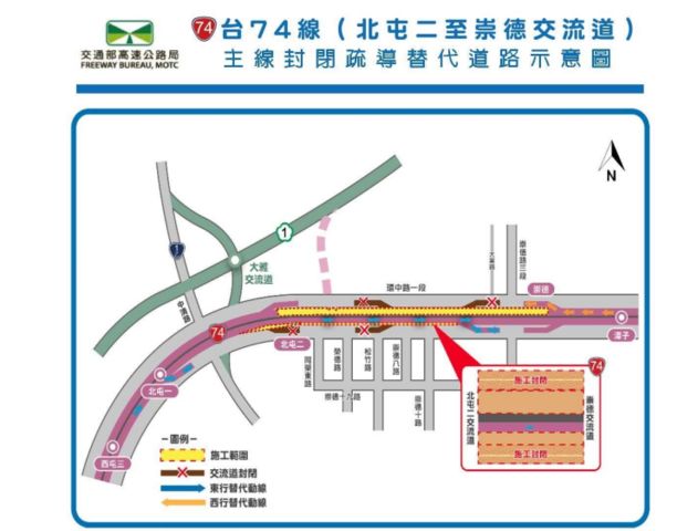 臺74線崇德-北屯明連兩夜西向封閉 警籲改道